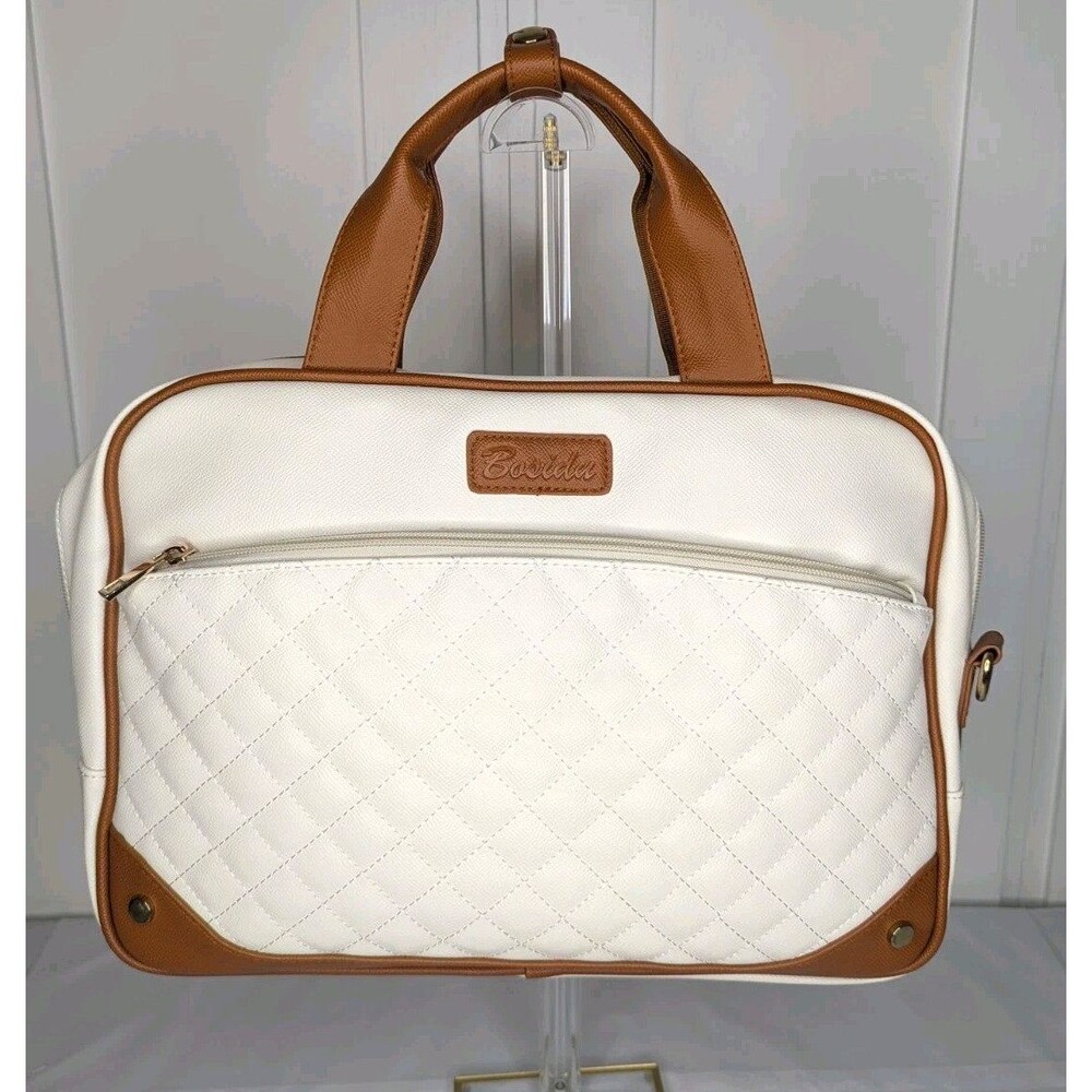 14 inch Laptop/Work Bag - Quilted White with Brown Trim